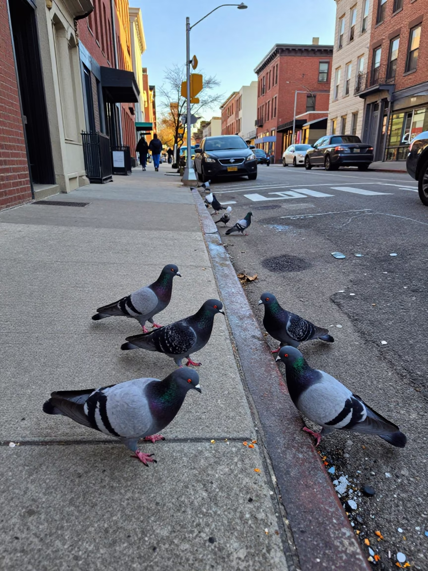 Philadelphia Street Scene with Pigeons and Urban Architecture in Late Afternoon Light in in Philadelphia, Pennsylvania, United States
