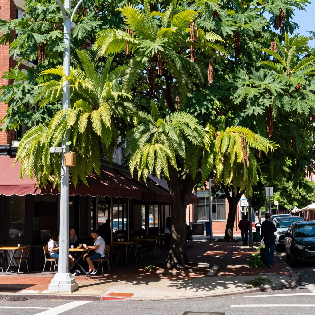 Philadelphia street scene with staghorn fern and tamarind tree in bright midmorning light in in Philadelphia, Pennsylvania, United States
