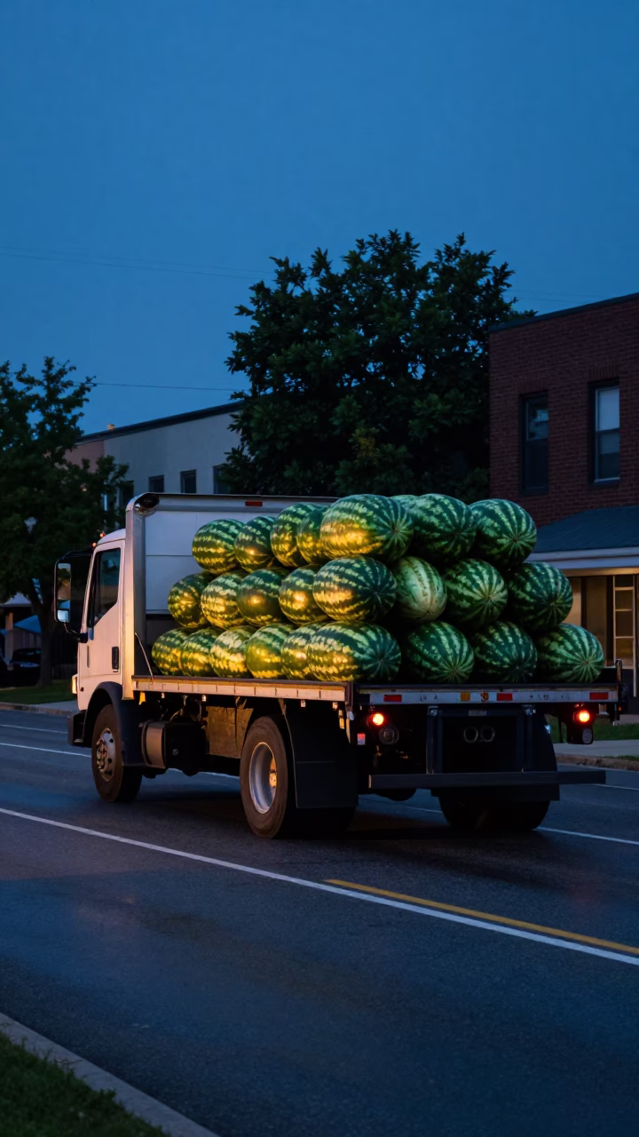 Philadelphia Street Scene with Truck Laden with Watermelons on Highway at Predawn in in Philadelphia, Pennsylvania, United States