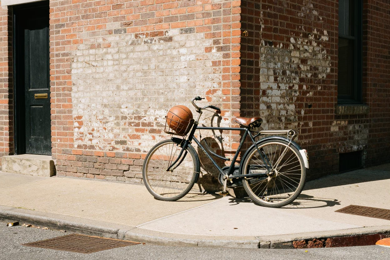 Philadelphia Street Scene with Vintage Bicycle and Leather Basketball at Noon in in Philadelphia, Pennsylvania, United States