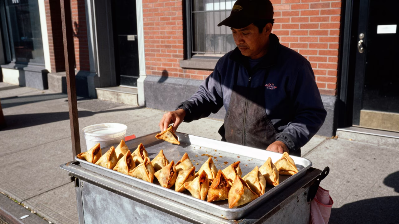 Philadelphia Street Vendor Selling Sambusa and Spiced Meat Under Flat Noon Glare in Pennsylvania in in Philadelphia, Pennsylvania, United States