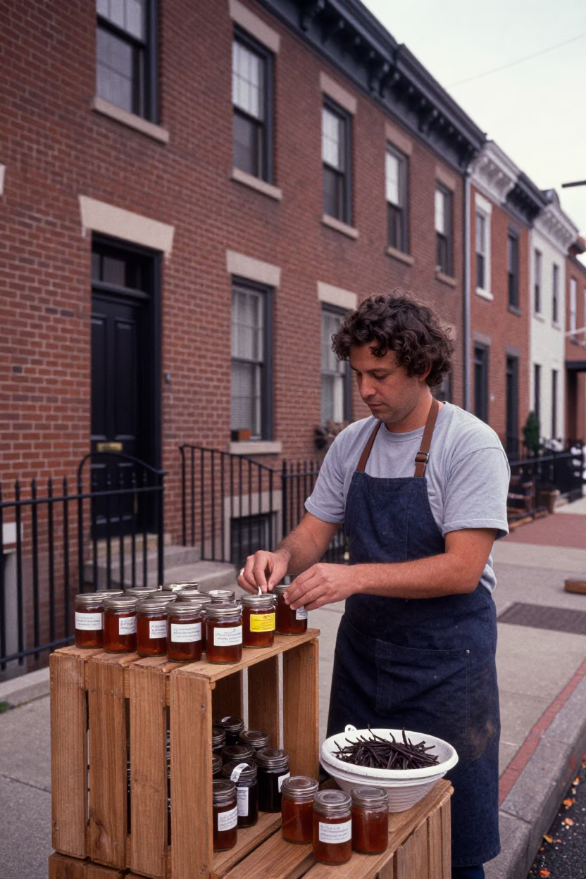 Philadelphia Street Vendor Selling Vanilla Bean Products in Copper Toned Light Before Dusk in in Philadelphia, Pennsylvania, United States