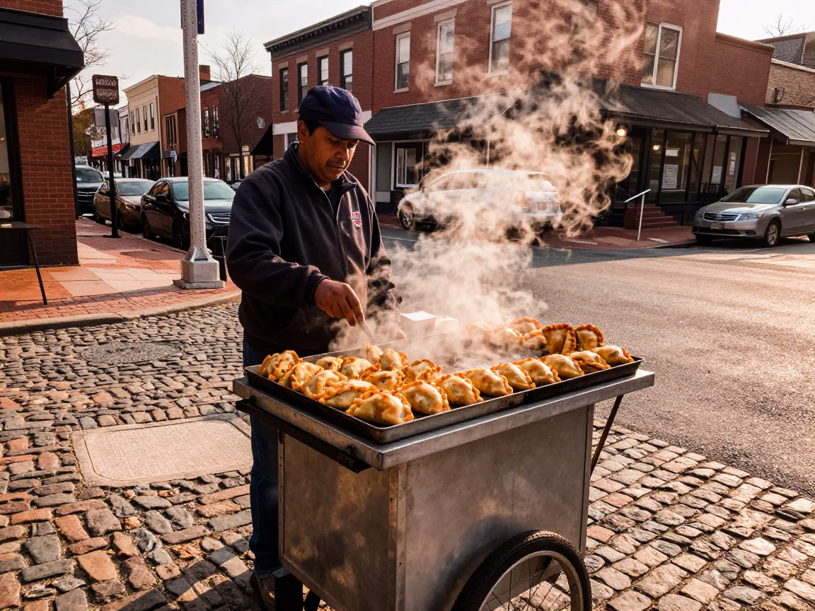 Philadelphia Street Vendor Serving Empanadas in Copper Toned Light Before Dusk in in Philadelphia, Pennsylvania, United States