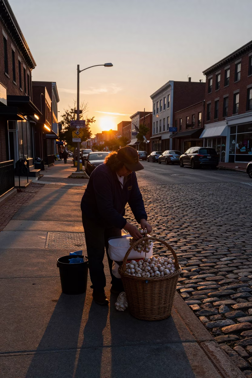 Philadelphia Street Vendor with Garlic and Twine at Sunset in Pennsylvania in in Philadelphia, Pennsylvania, United States