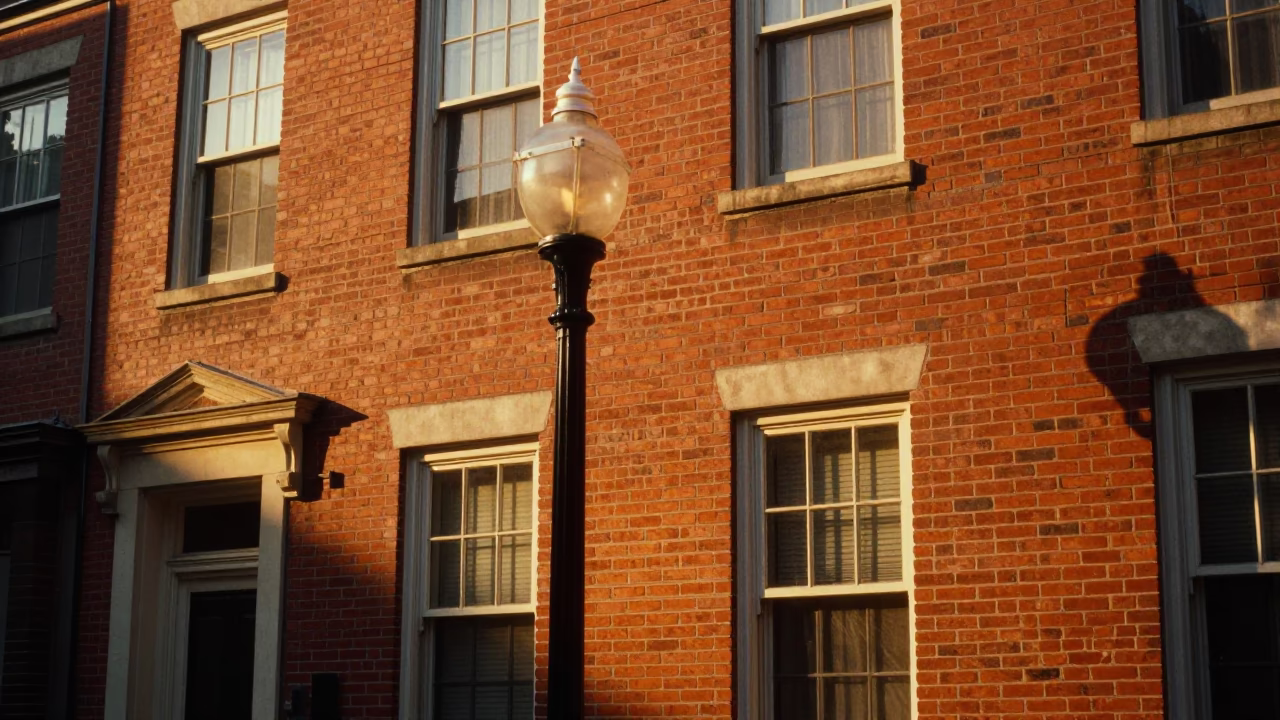 Philadelphia Streetlamp And Historic Brick Architecture at Sunset Light in in Philadelphia, Pennsylvania, United States