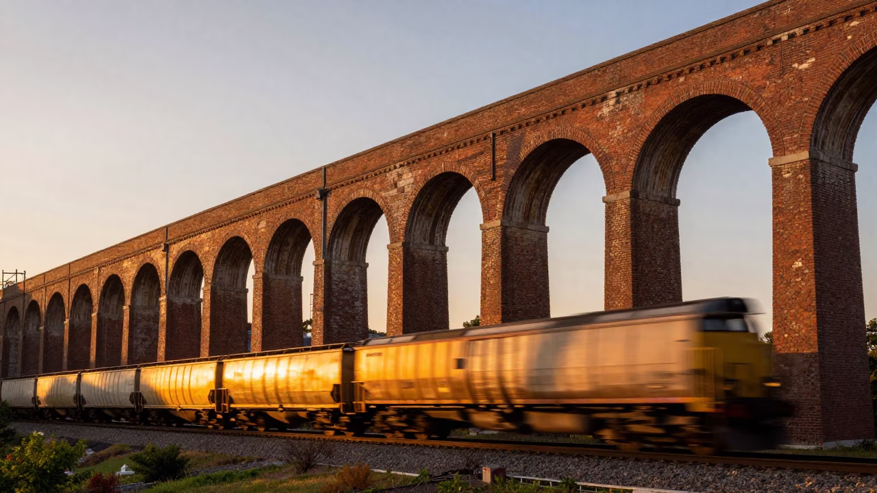 Philadelphia Sunset Railway Viaduct Arches Passing Train Golden Hour in in Philadelphia, Pennsylvania, United States
