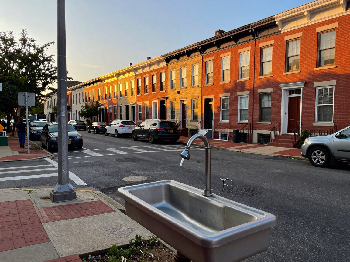 Philadelphia Sunset Street Scene with Art Classroom Sink and Watercolor Stains in in Philadelphia, Pennsylvania, United States