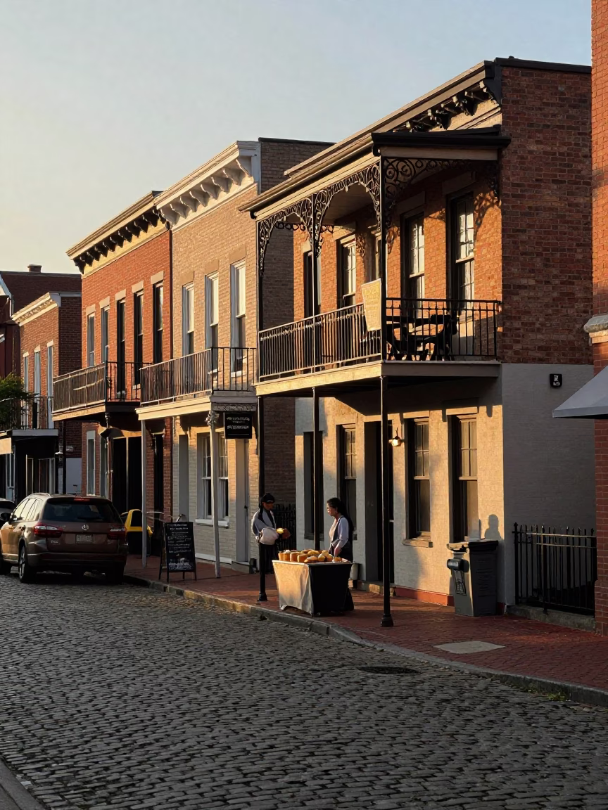 Philadelphia Sunset Street Scene with Beignets and Local Atmosphere in in Philadelphia, Pennsylvania, United States
