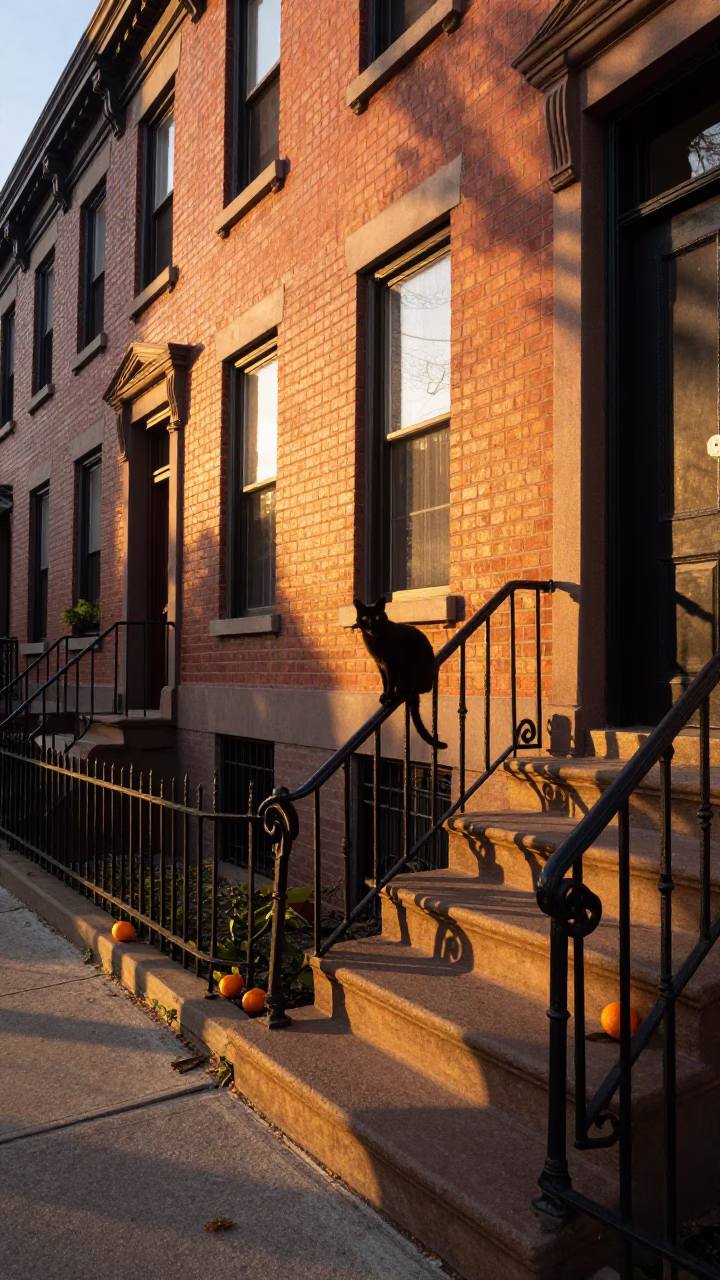 Philadelphia Sunset Street Scene with Black Cat and Oranges in in Philadelphia, Pennsylvania, United States