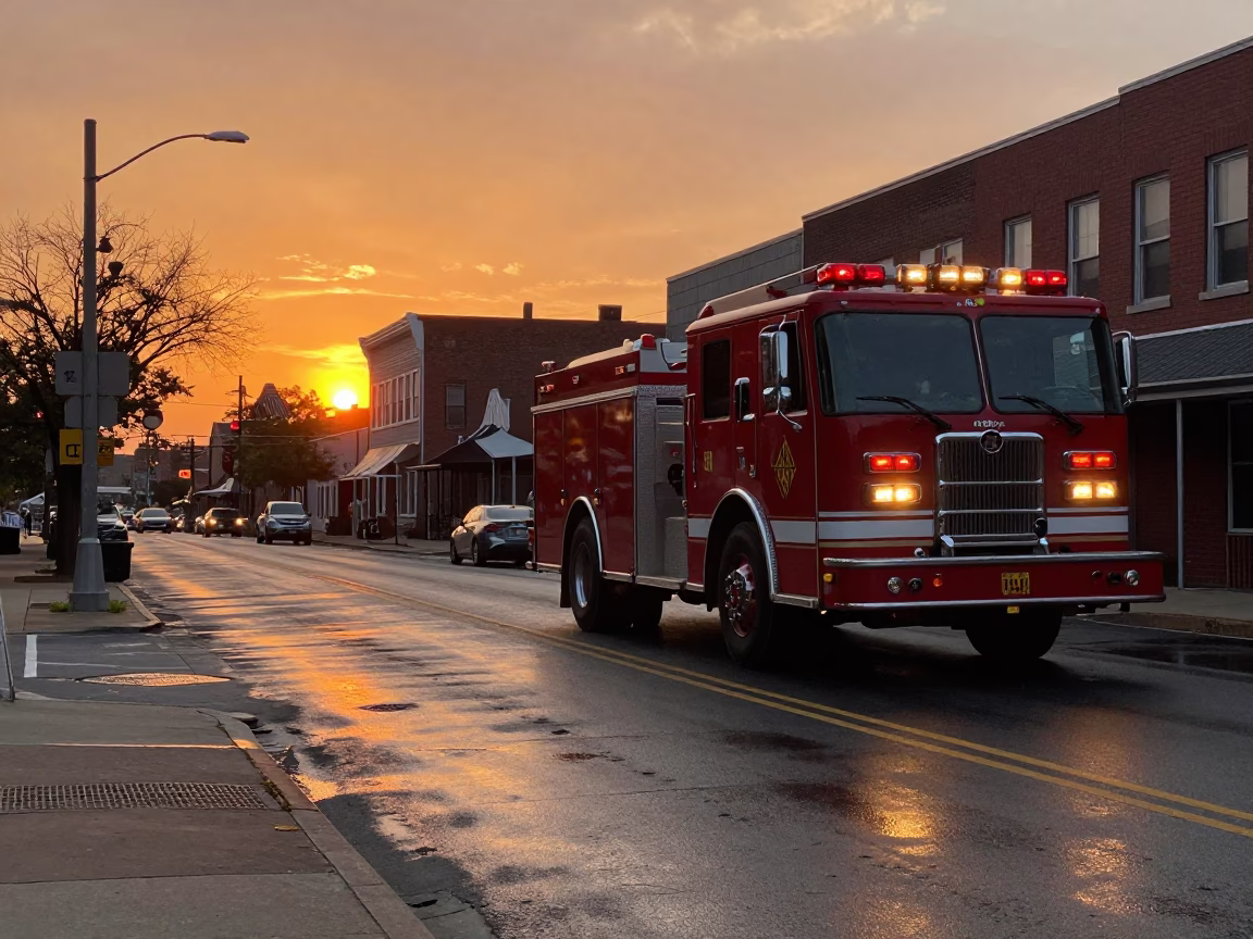 Philadelphia Sunset Street Scene with Fire Engine and Bottle on Concrete in in Philadelphia, Pennsylvania, United States