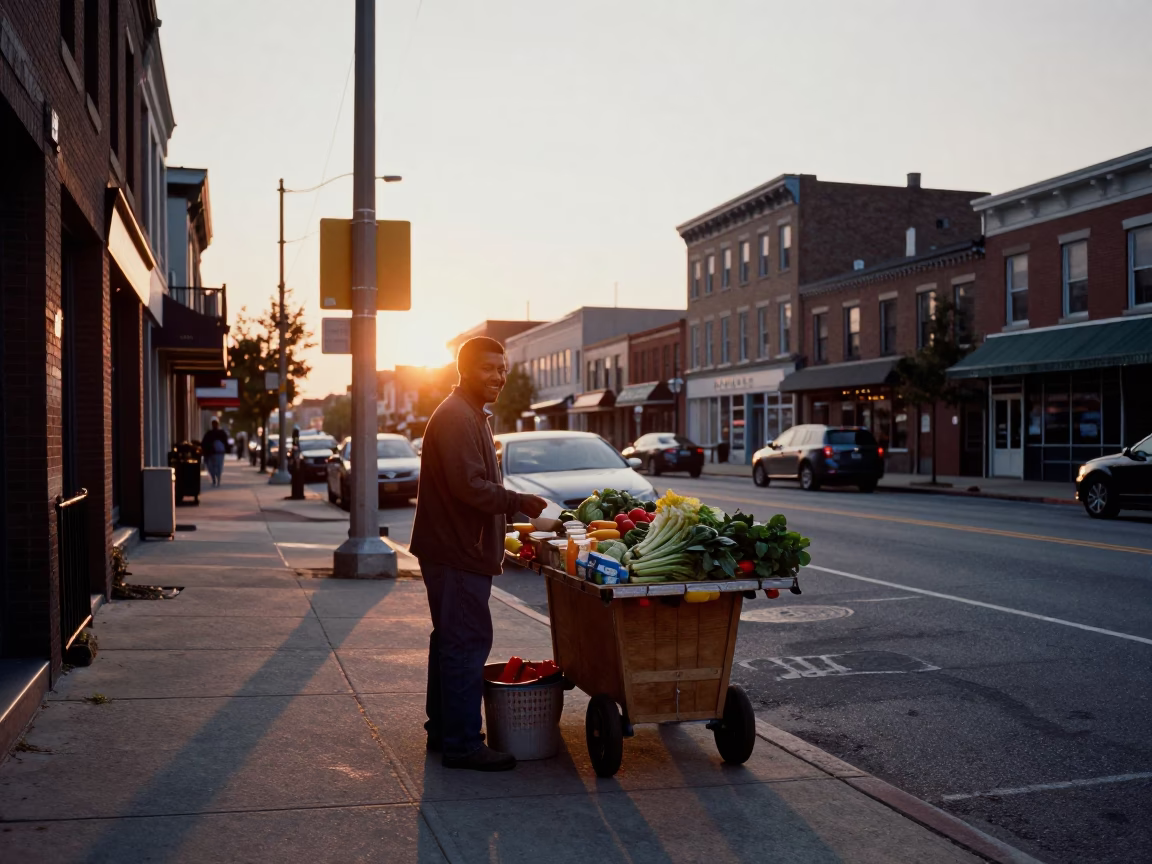 Philadelphia Sunset Street Scene with Local Vendor and City Skyline in in Philadelphia, Pennsylvania, United States