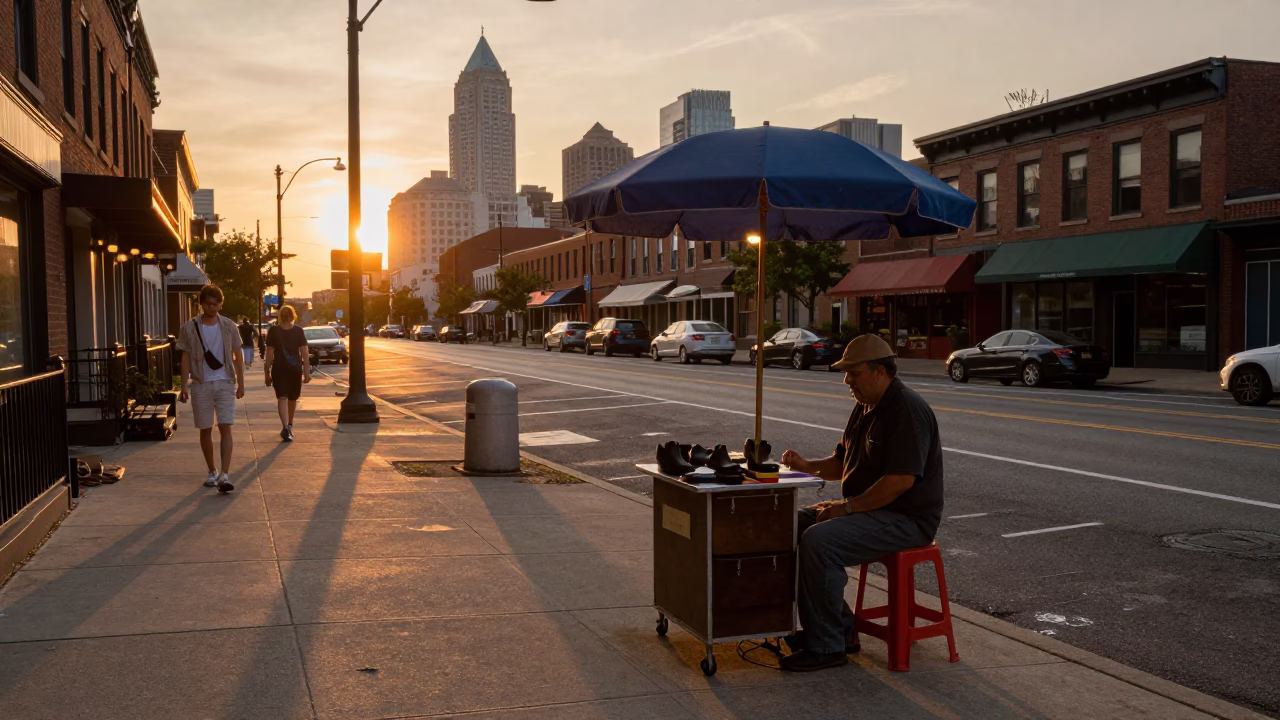 Philadelphia Sunset Street Scene with Shoe Shine Stand and Urban Details in in Philadelphia, Pennsylvania, United States