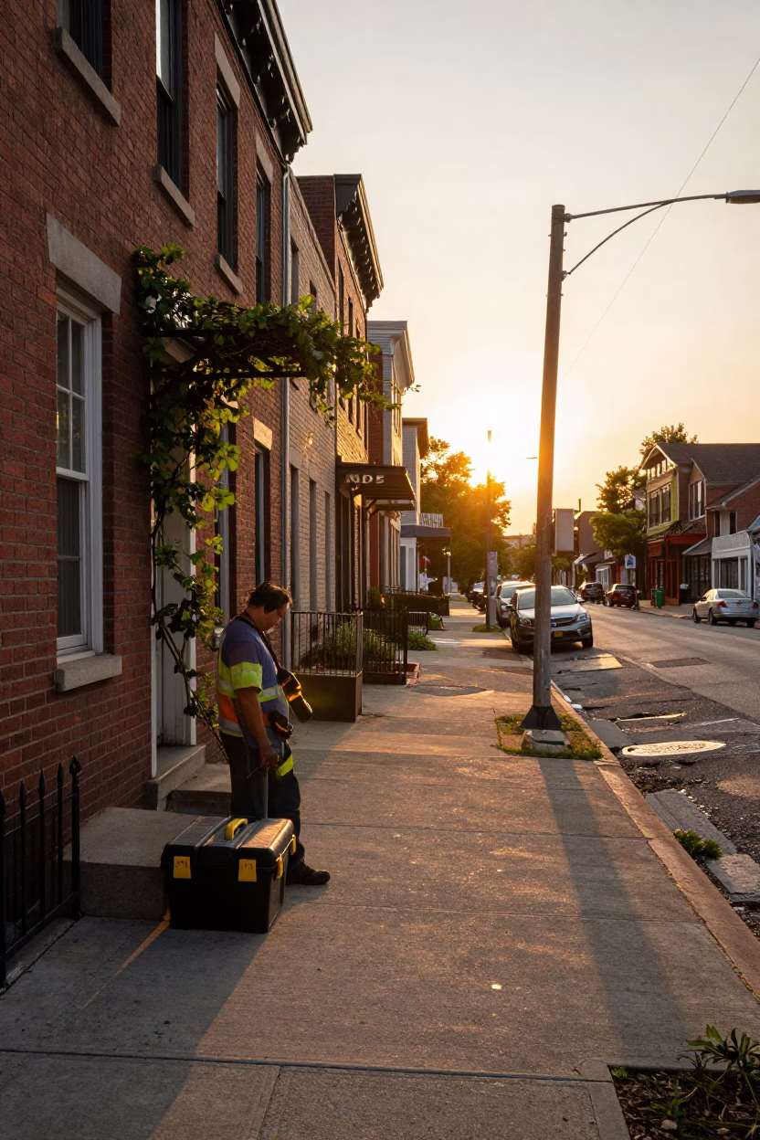 Philadelphia Sunset Street Scene with Toolbox and Vine on Brick Wall in in Philadelphia, Pennsylvania, United States