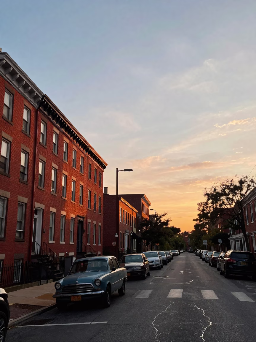 Philadelphia Sunset Street Scene with Vintage Car and Urban Architecture in in Philadelphia, Pennsylvania, United States