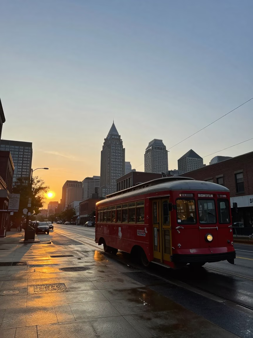 Philadelphia Sunset Street Scene with Vintage Trolley and Urban Architecture in in Philadelphia, Pennsylvania, United States