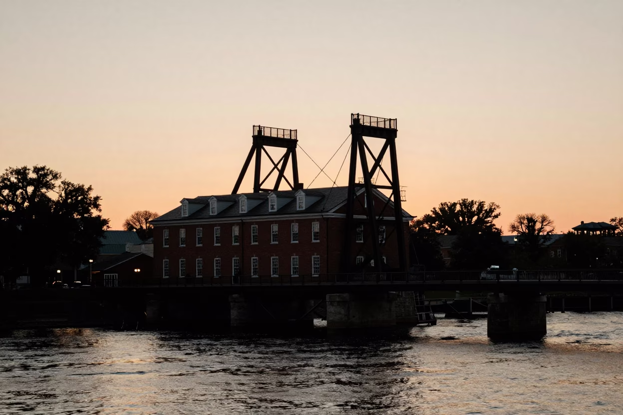 Philadelphia Sunset View of Drawbridge Counterweight House and Black Tidal Channel in in Philadelphia, Pennsylvania, United States