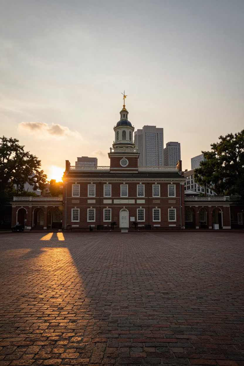 Philadelphia Sunset View of Independence Hall and City Skyline at Dusk in in Philadelphia, Pennsylvania, United States
