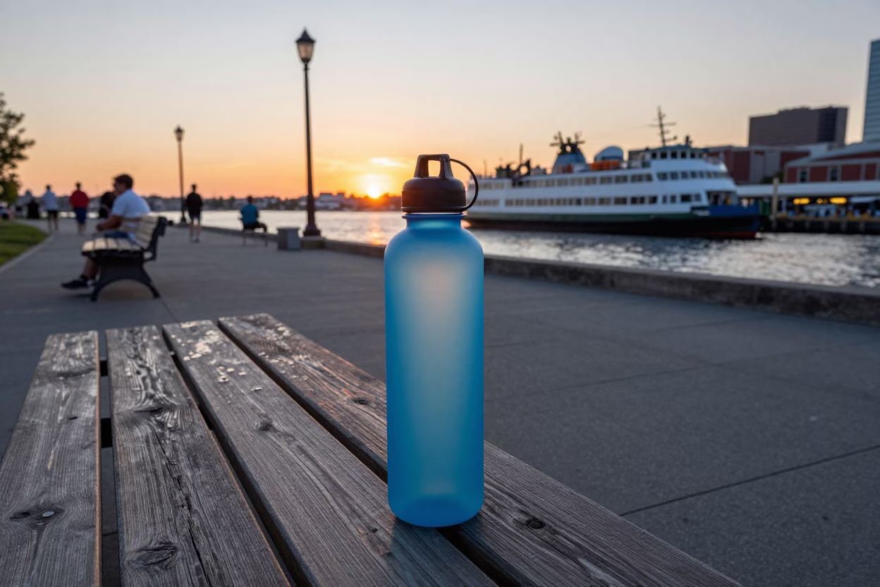 Philadelphia Sunset Waterfront with Water Bottle and Ferry Dock in in Philadelphia, Pennsylvania, United States