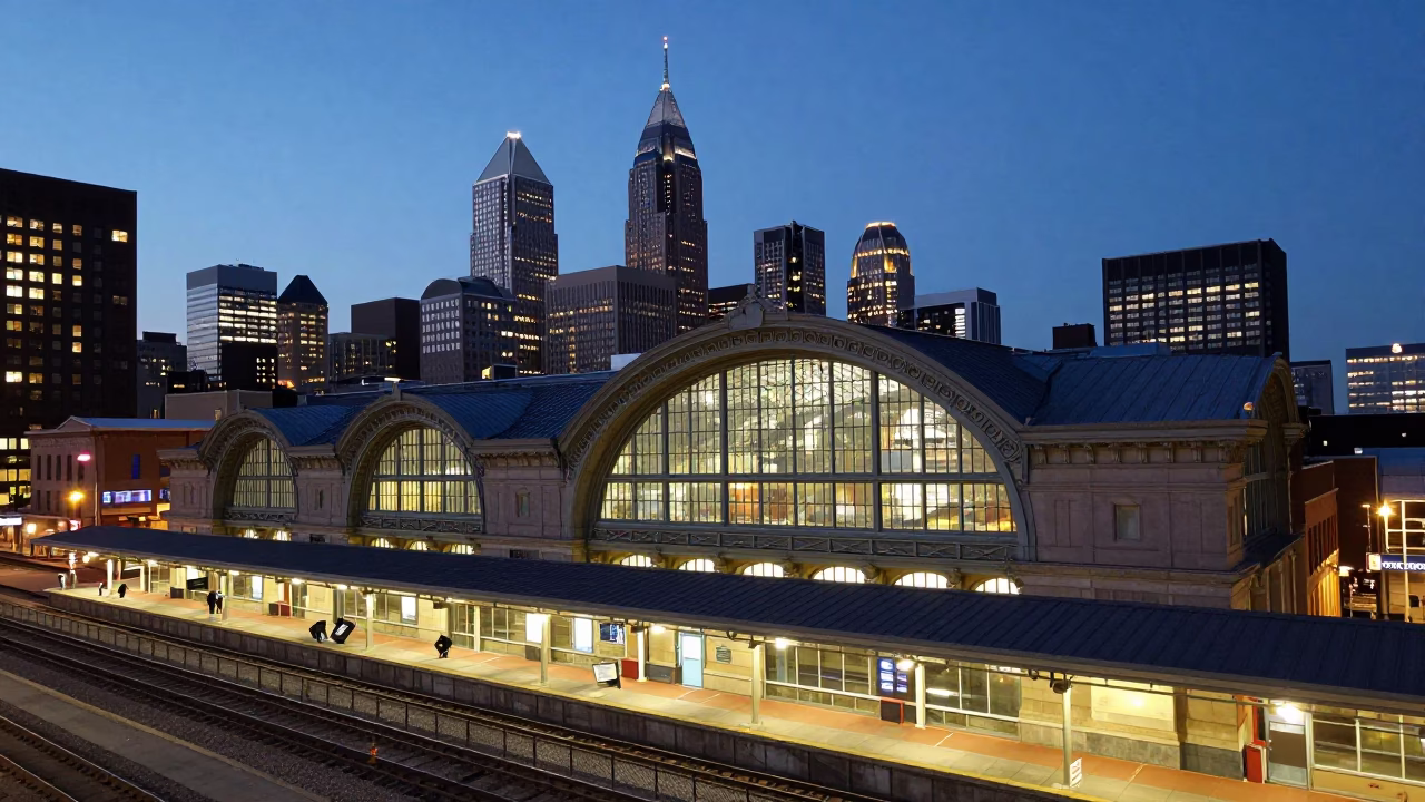 Philadelphia Train Station At Dusk Glass Steel Arched Roof City Lights in in Philadelphia, Pennsylvania, United States