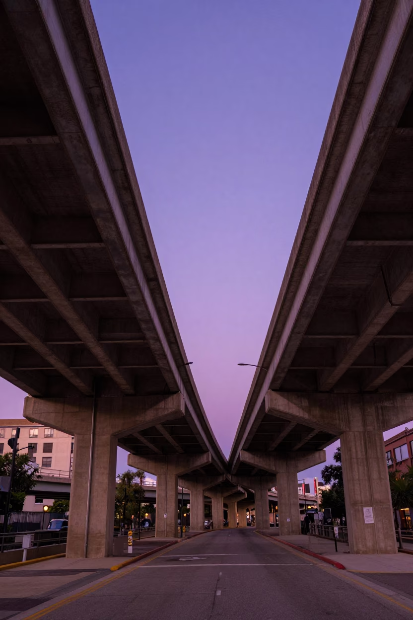 Philadelphia Twilight Overpass Interchange Ramp Slicing Across Violet Evening Sky in in Philadelphia, Pennsylvania, United States