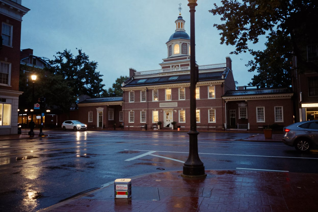Philadelphia Twilight Street Scene with Cookie Tin and Taper Candle in in Philadelphia, Pennsylvania, United States
