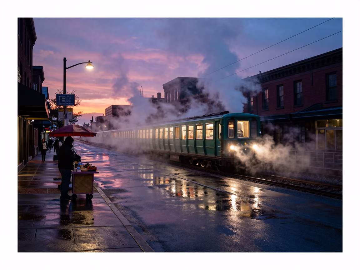Philadelphia Twilight Street Scene with Steam and Urban Reflections in in Philadelphia, Pennsylvania, United States