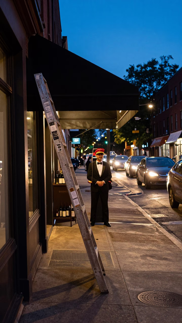 Philadelphia Twilight Street Scene with Wine Shop Ladder and Glass Bottle Near Hotel Valet in in Philadelphia, Pennsylvania, United States