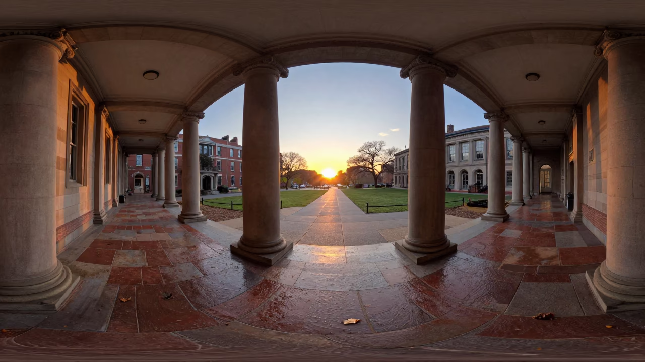 Philadelphia University Arcade at Sunset with Wet Leaves and Historic Architecture in in Philadelphia, Pennsylvania, United States