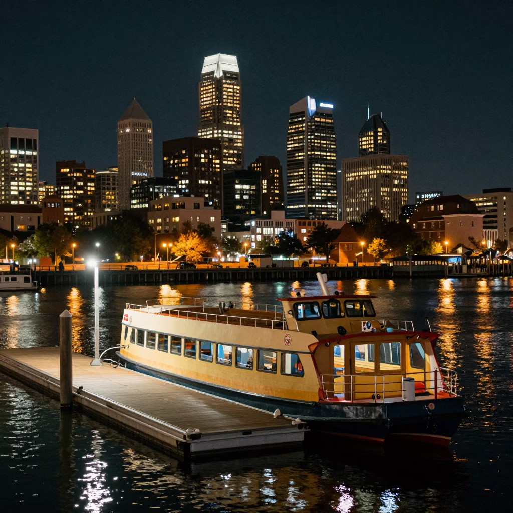 Philadelphia Water Taxi Docking at Night with City Lights and Busy River Activity in in Philadelphia, Pennsylvania, United States