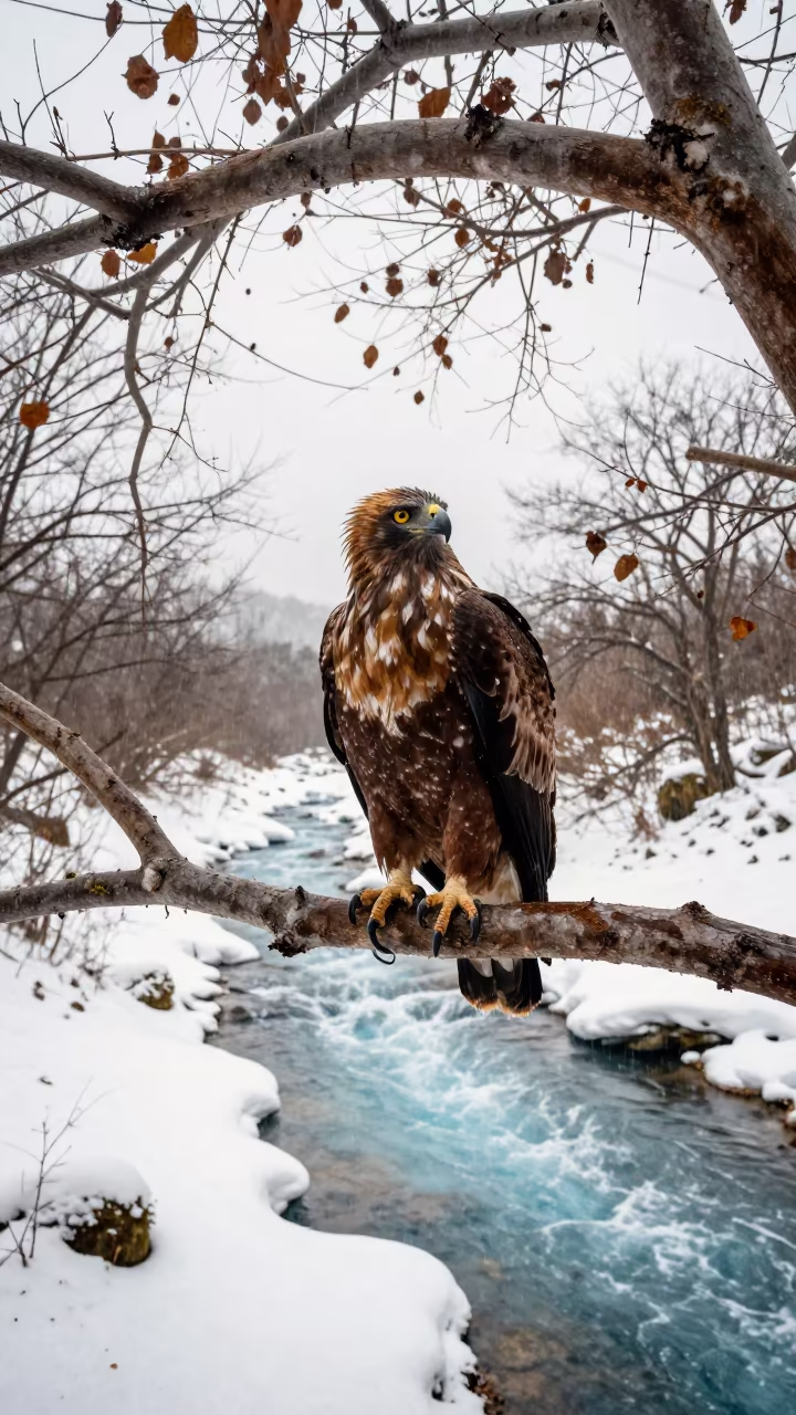 Philippine Eagle on Winter Alpine Branch in above a glacial stream in Albania