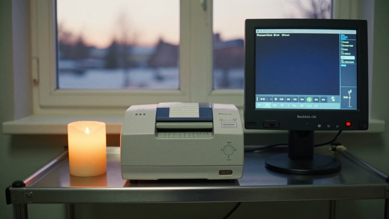 Phlebotomy Printer at Nurse Station in Winter in at a nurse station under monitor glow near Dresden