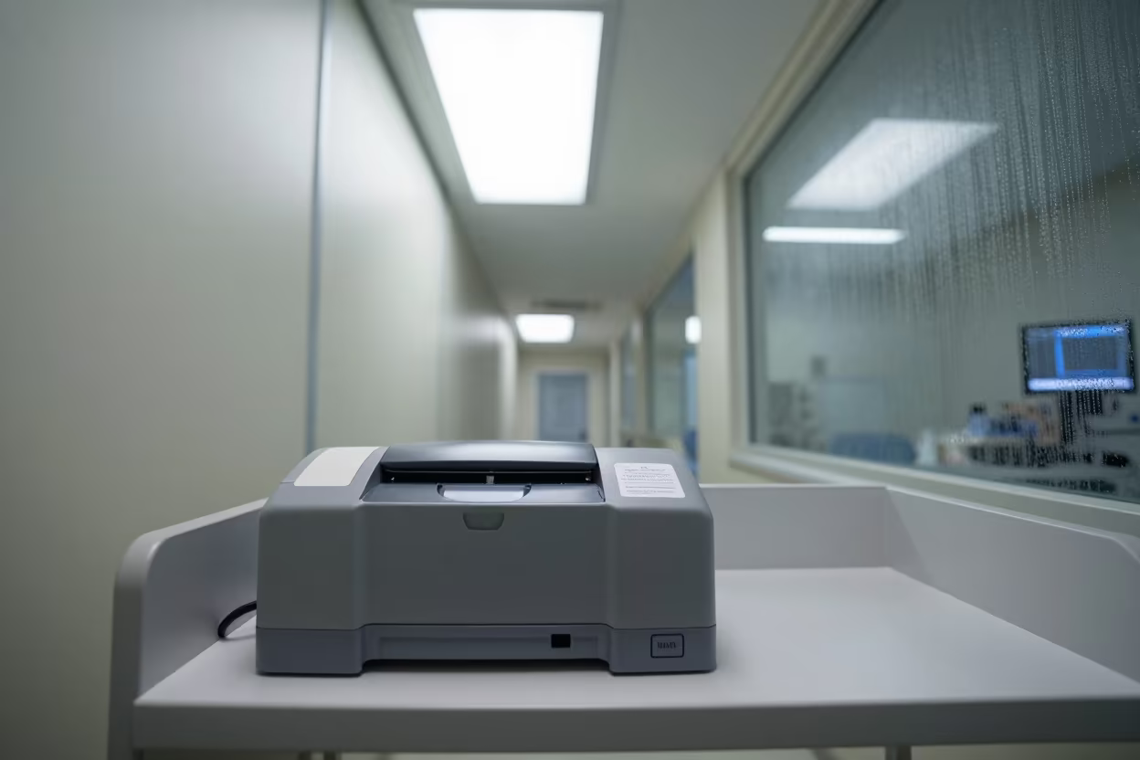 Phlebotomy Printer Shelf Under Clinical Light in at a nurse station under monitor glow in Raleigh
