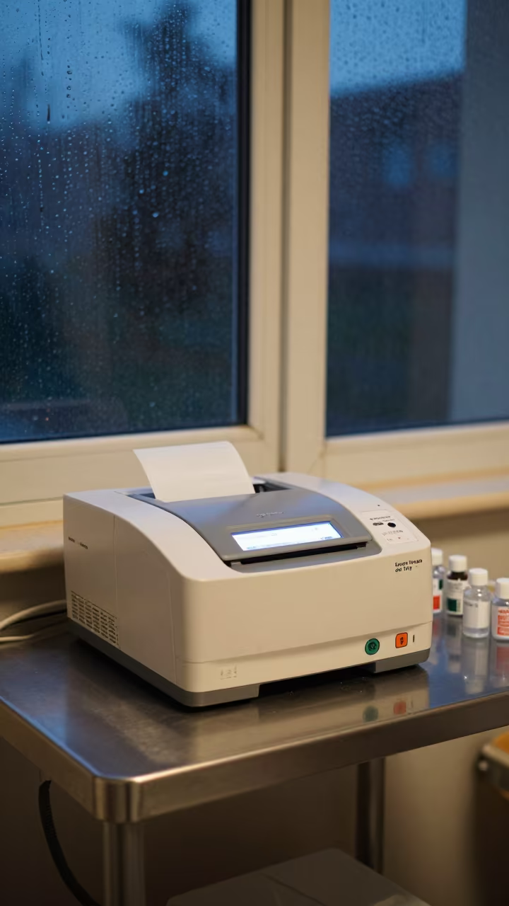 Phlebotomy Printer Shelf in Predawn Clinic Light in inside a clinic exam room in Santa Teresa del Tuy