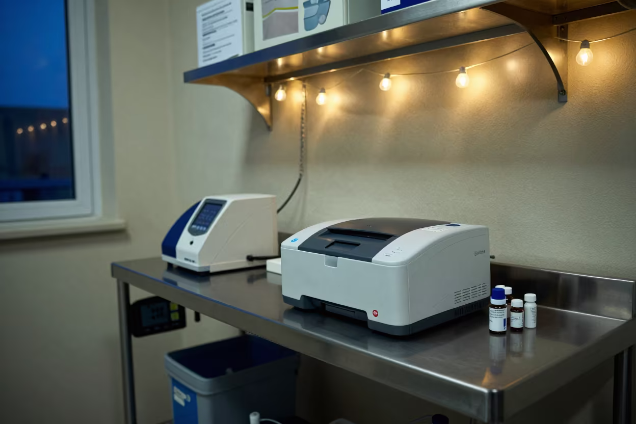 Phlebotomy Printer Shelf Under String Lights in inside a clinic exam room in Ashkelon