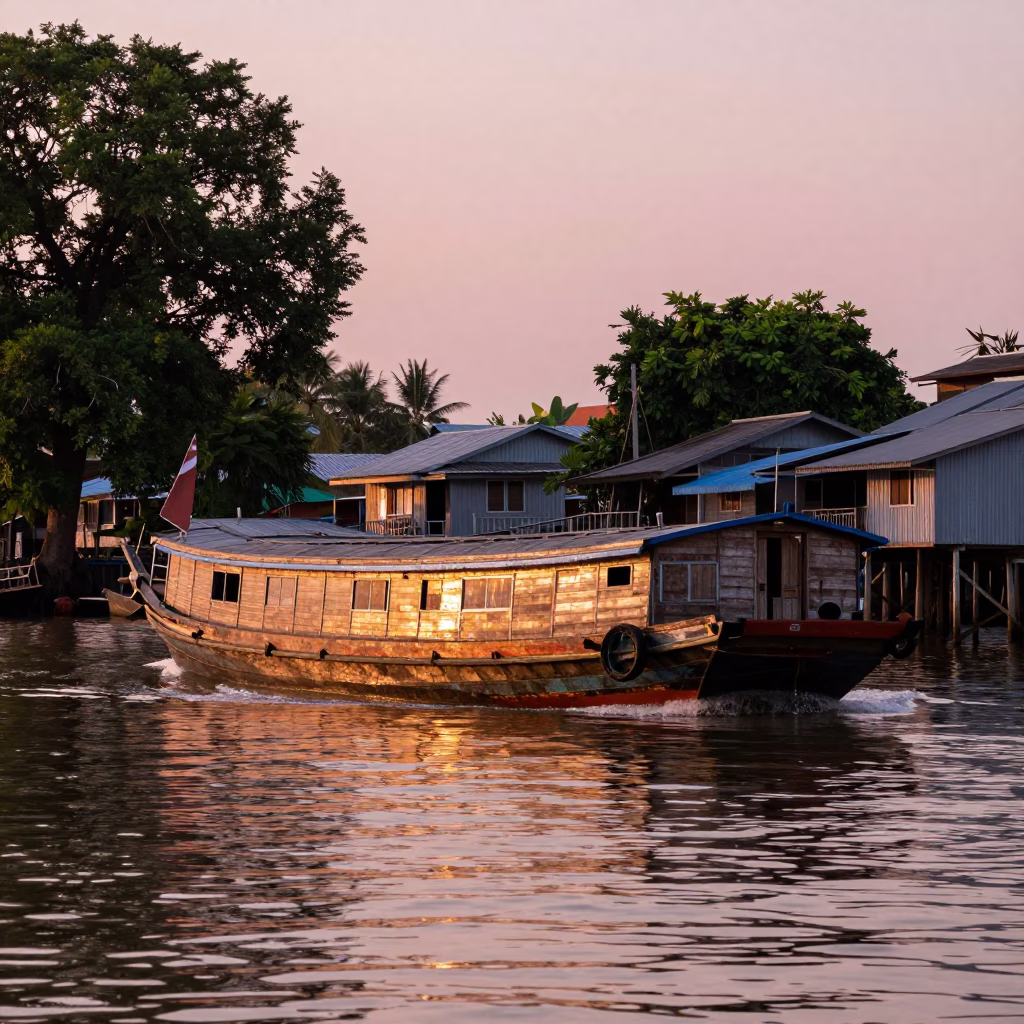 Phnom Penh Barge Navigation at Golden Hour in in Phnom Penh, Cambodia