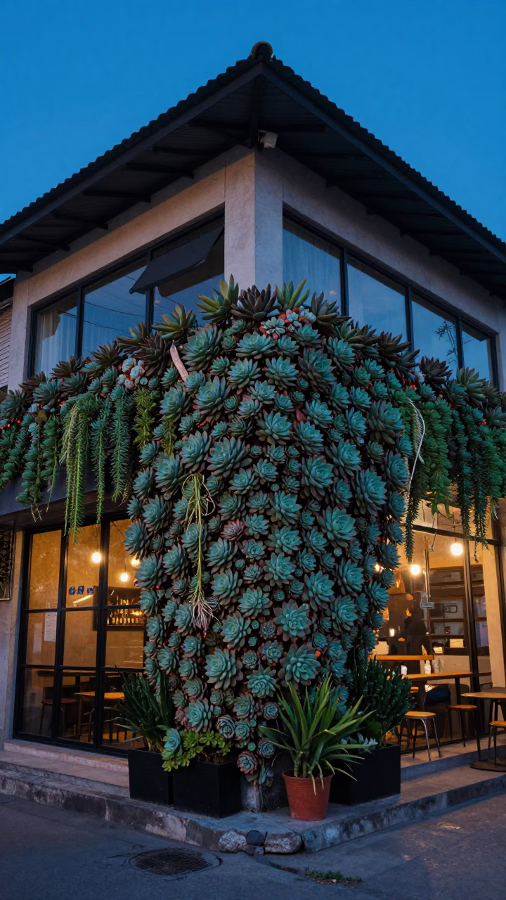 Phnom Penh Cafe Evening with Succulent Wall and Steel Reflections in in Phnom Penh, Cambodia
