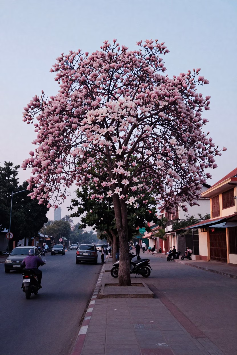 Phnom Penh Cambodia Before Sunrise Street Scene with Magnolia Bloom in in Phnom Penh, Cambodia