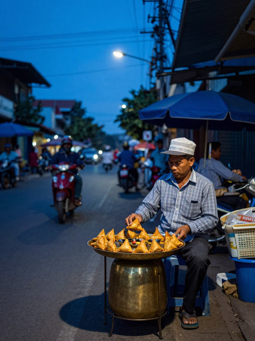Phnom Penh Cambodia Blue Hour Street Scene with Brass Plate Samosas in in Phnom Penh, Cambodia