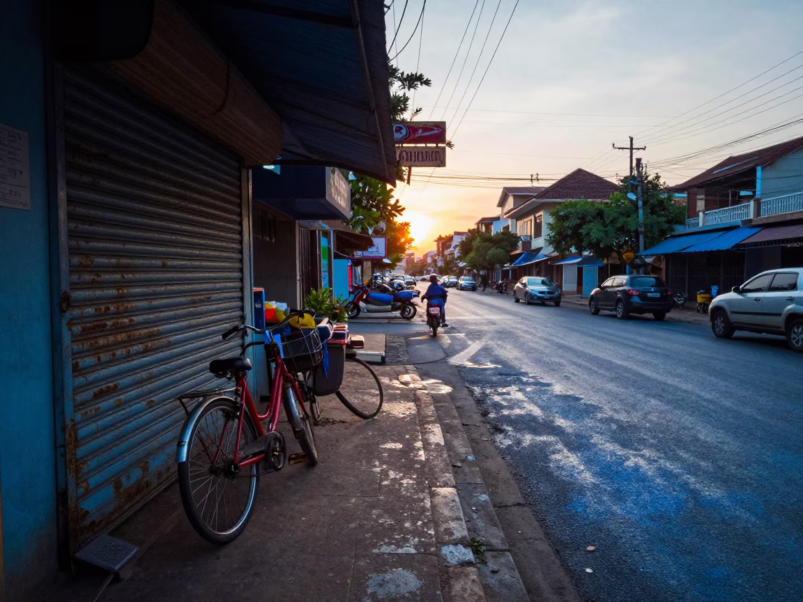 Phnom Penh Cambodia Dawn Street Scene with Bicycle and Morning Activity in in Phnom Penh, Cambodia