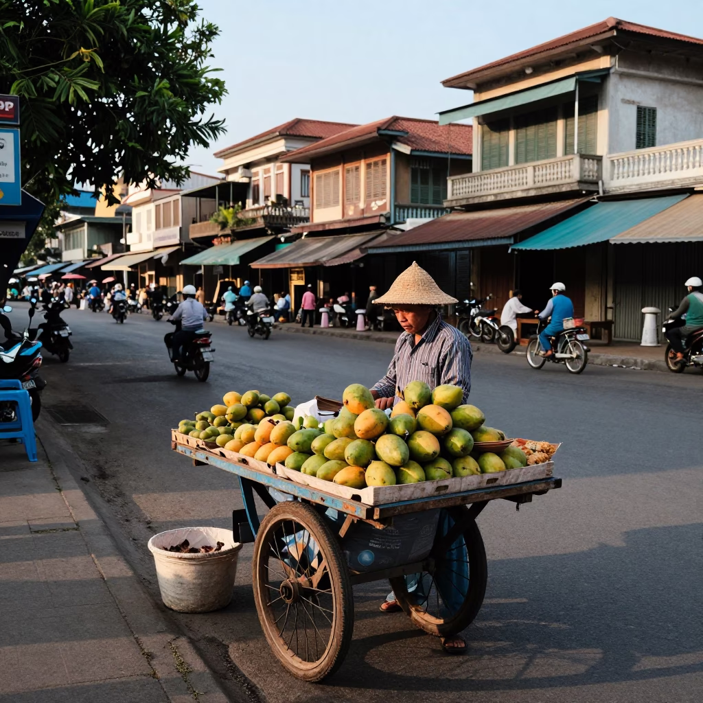 Phnom Penh Cambodia Early Afternoon Street Scene with Local Vendor and Motorbikes in in Phnom Penh, Cambodia