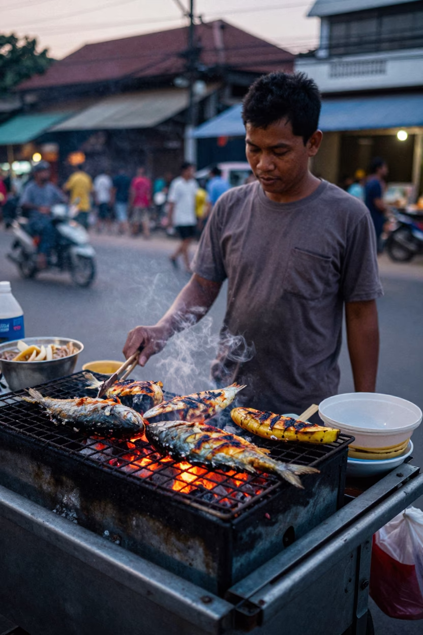 Phnom Penh Cambodia Early Evening Street Food Grilled Fish on Banana Leaf in in Phnom Penh, Cambodia