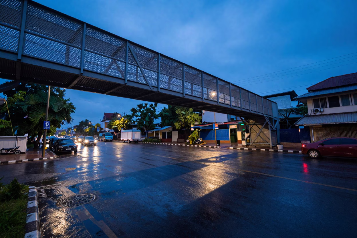 Phnom Penh Cambodia Evening Pedestrian Overpass Perforated Metal Rain in in Phnom Penh, Cambodia