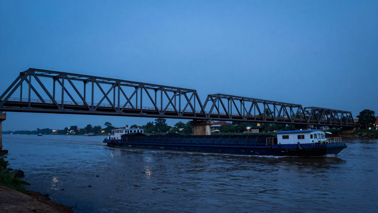 Phnom Penh Cambodia Evening Scene Coal Barge Railroad Bridge Last Blue Light in in Phnom Penh, Cambodia