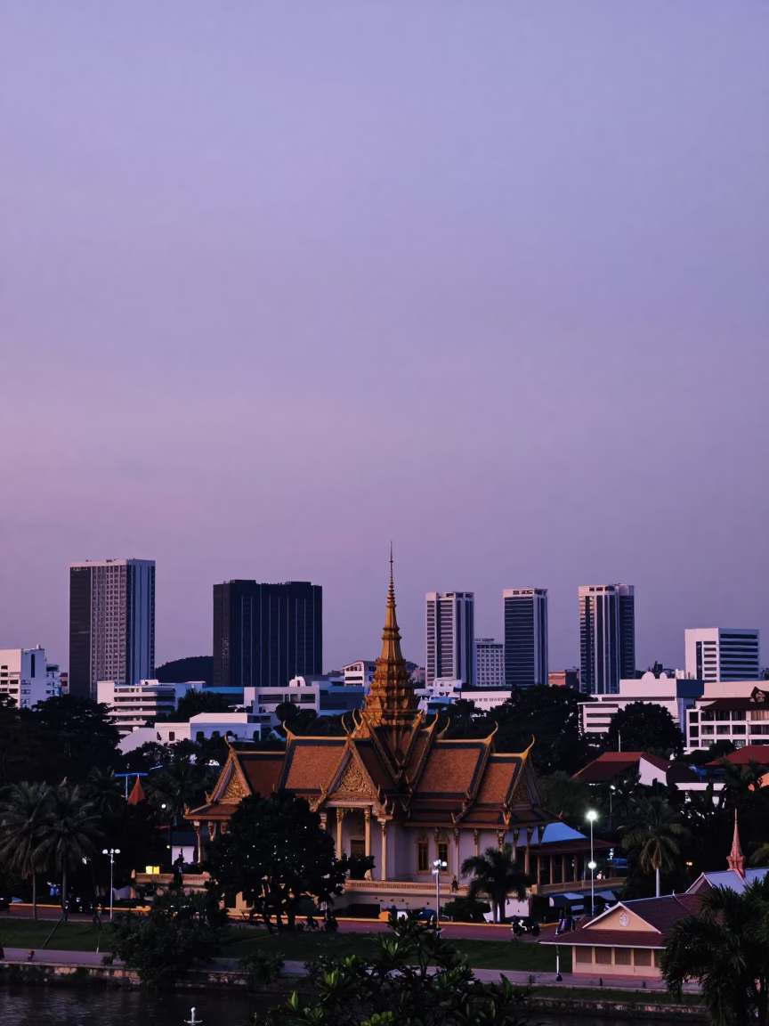 Phnom Penh Cambodia Evening Skyline View from Riverside Promenade at Dusk in in Phnom Penh, Cambodia