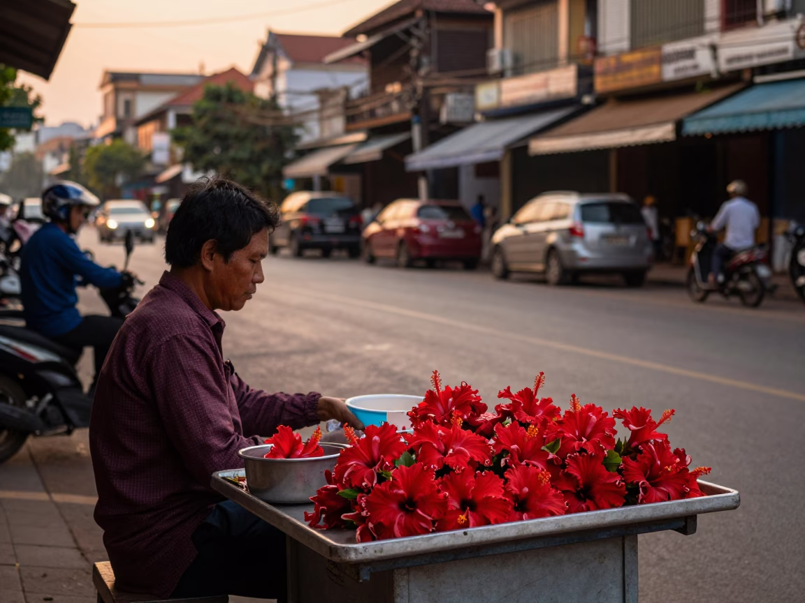 Phnom Penh Cambodia Evening Street Scene with Hibiscus Flower and Local Life in in Phnom Penh, Cambodia