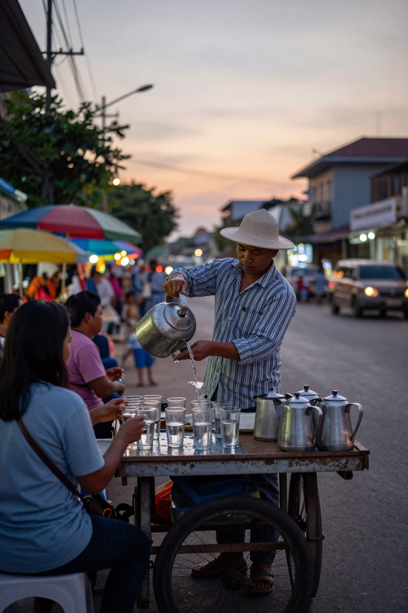 Phnom Penh Cambodia Evening Street Scene with Local Vendors and Pitchers in in Phnom Penh, Cambodia