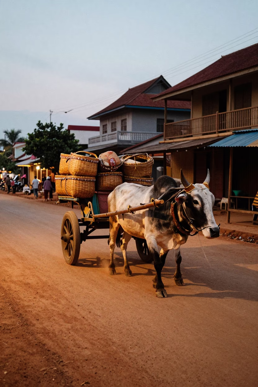 Phnom Penh Cambodia Evening Street Scene with Ox Cart and Traditional Transport in in Phnom Penh, Cambodia
