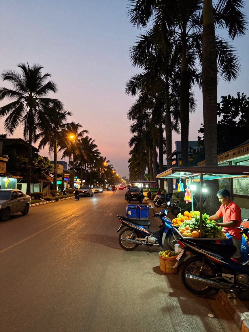 Phnom Penh Cambodia evening street scene with palm tree avenue and urban life in in Phnom Penh, Cambodia