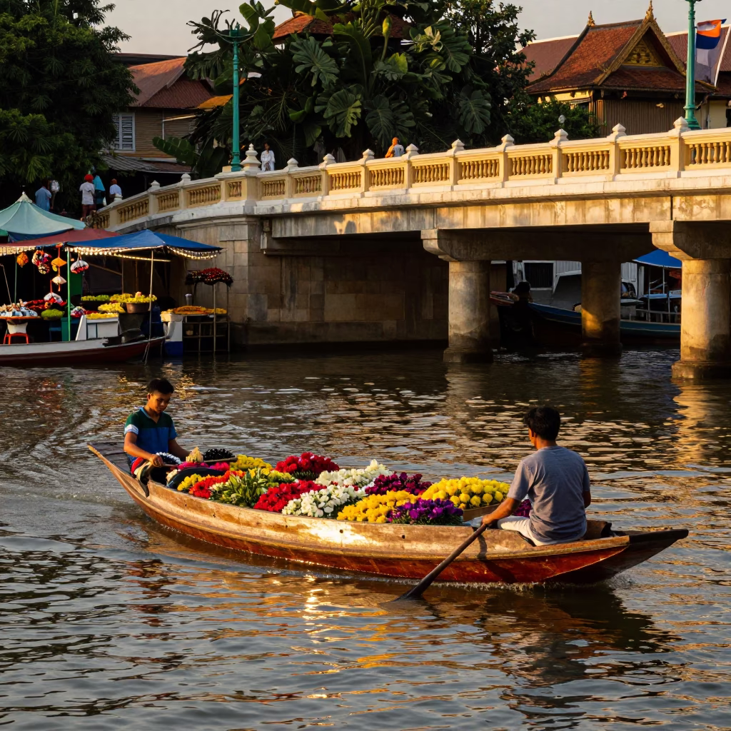 Phnom Penh Cambodia Evening Street Scene with Sampan and Flower Market in in Phnom Penh, Cambodia