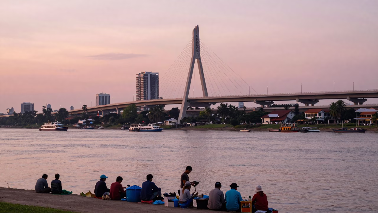 Phnom Penh Cambodia Golden Hour Highway Flyover and Riverfront Life in in Phnom Penh, Cambodia